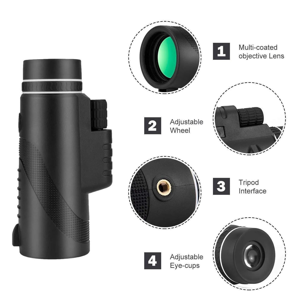 Black 40x60 smartphone monocular telescope with 60mm objective lens for outdoor viewing