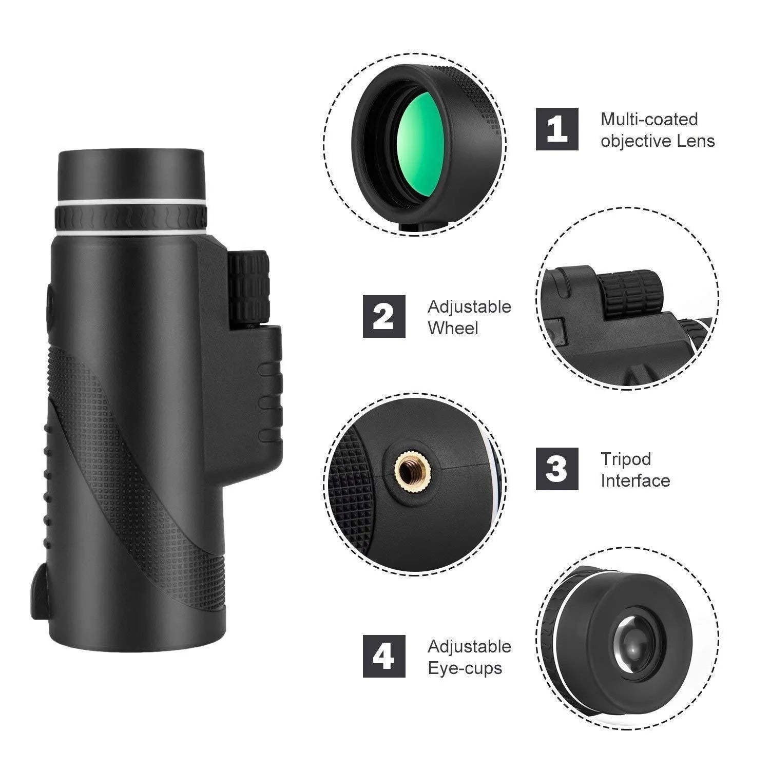 Black 40x60 smartphone monocular telescope with 60mm objective lens for outdoor viewing