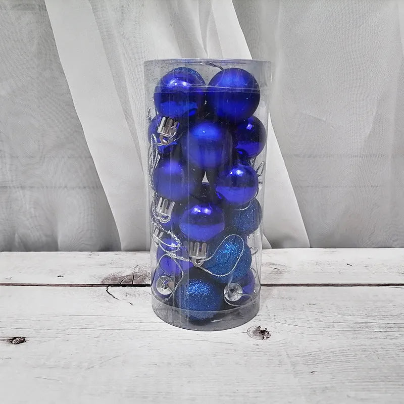 Assortment of shiny matte finish 3cm Christmas ball ornaments in gold, red, silver, and blue colours.
