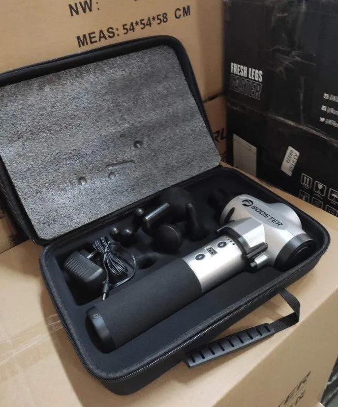 Black and white deep tissue massage gun with adjustable speed settings on a 1800-3200rpm scale.
