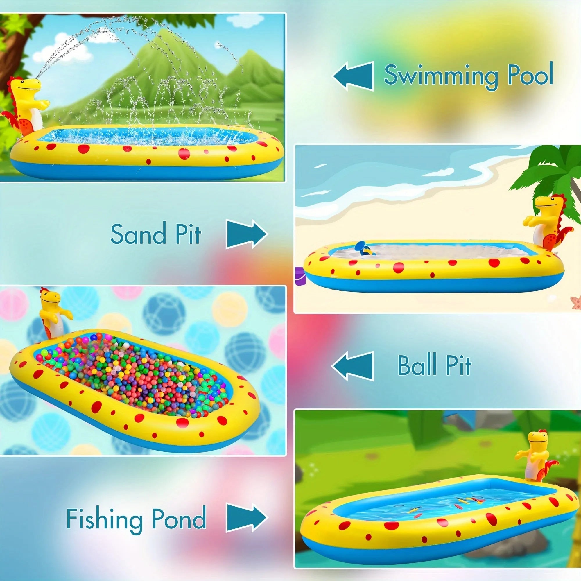 Blue and yellow inflatable dinosaur and shark themed water spray pool for kids in a garden.