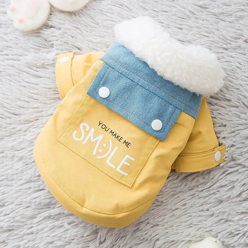 Yellow and light blue denim warm pet coat jacket with lamb velvet lining for dogs and cats