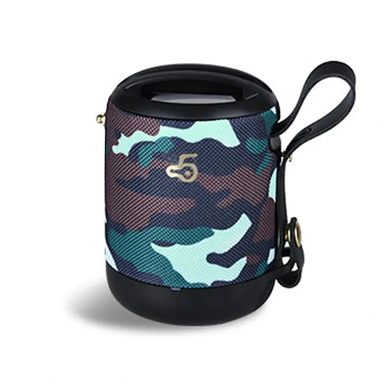 Black wireless portable mini waterproof Bluetooth speaker with leather finish and card slot.