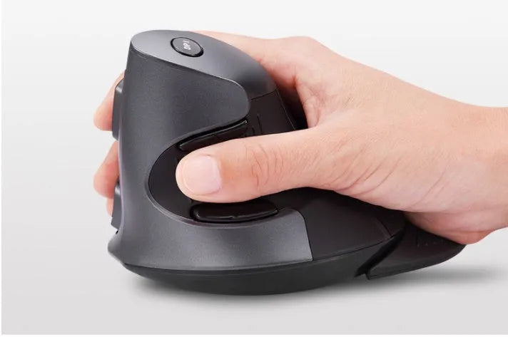 Black and white wireless vertical ergonomic computer mouse with scroll wheel.