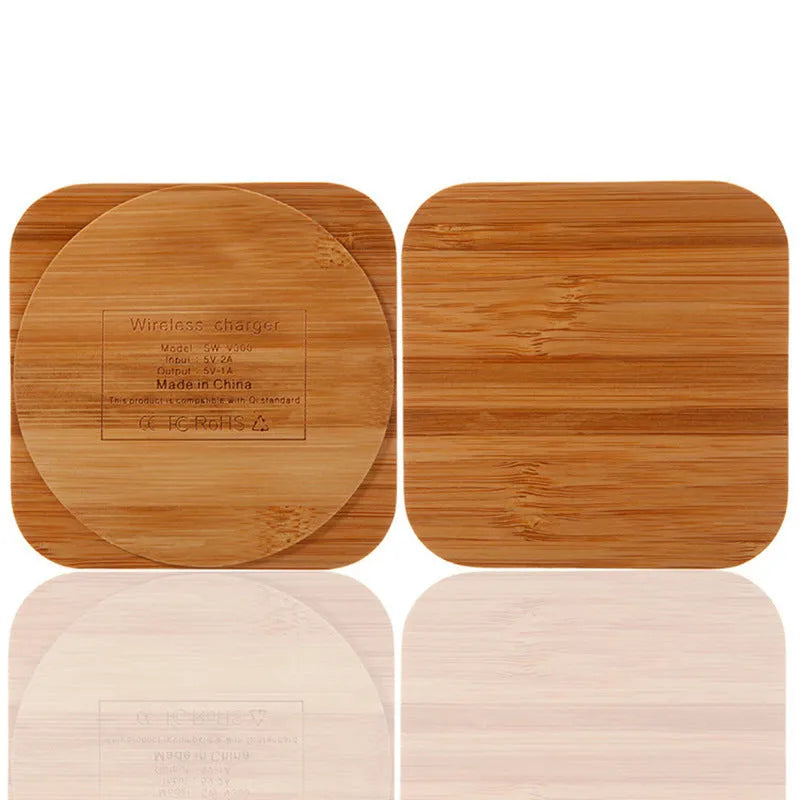 Square bamboo 5W wireless charging pad on a wooden table