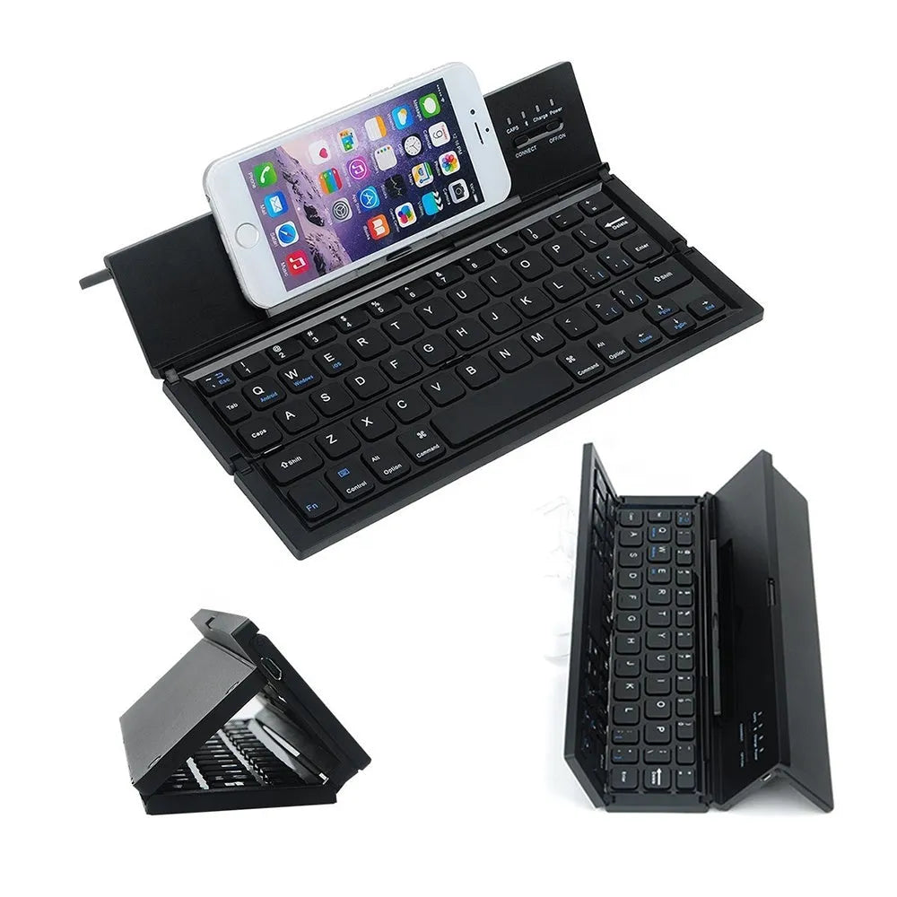 Black and white folding Bluetooth keyboard for tablets with aluminium bottom