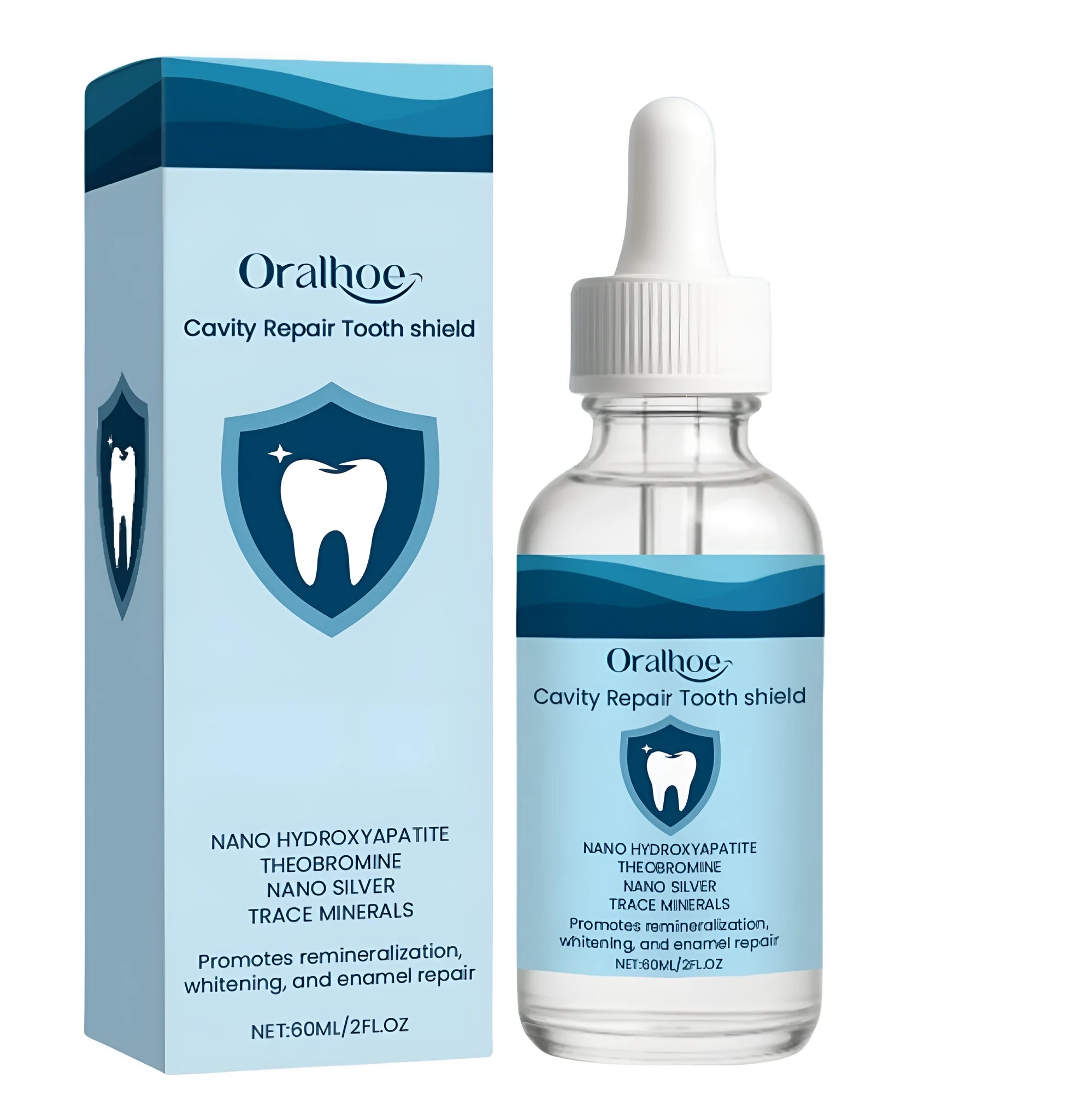 60ml bottle of dental restorative fluid with hydroxyapatite and theobromine ingredients listed.