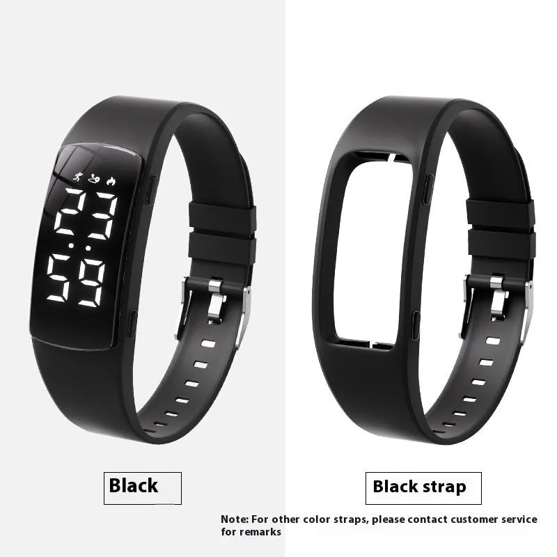 Waterproof vibration alarm clock watch with black silicone strap and LED display showing time