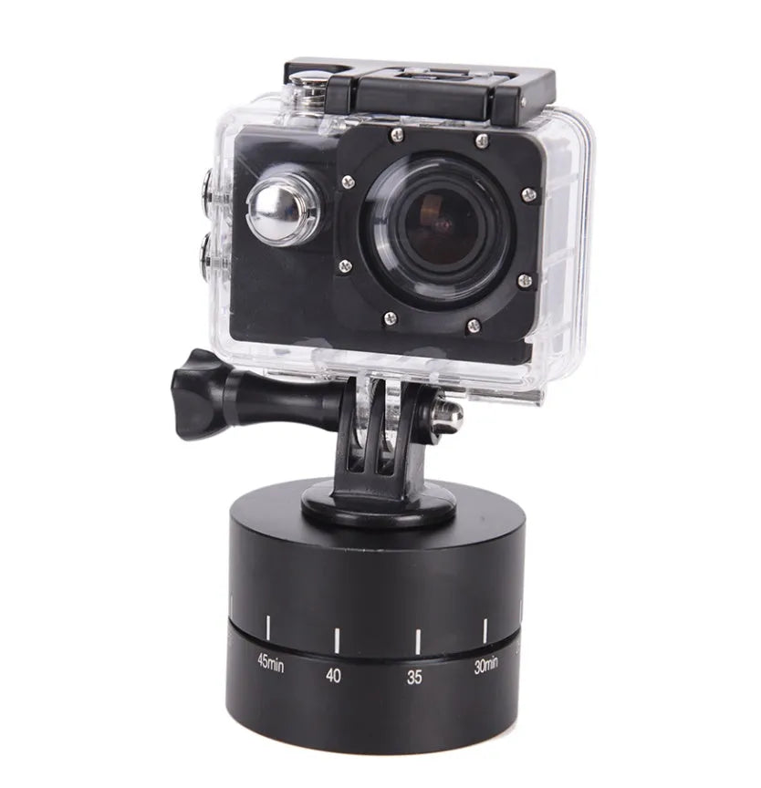 360-degree auto rotate camera tripod head base compatible with GoPro, SLR, and iPhone.