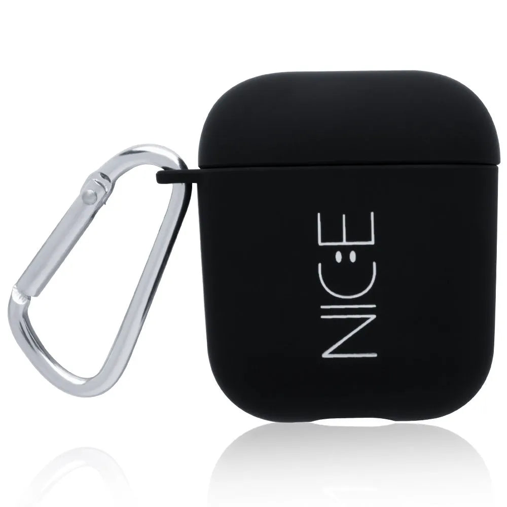 Black and pink Apple AirPods protective case with decorative back cover showing flower and smiley face designs