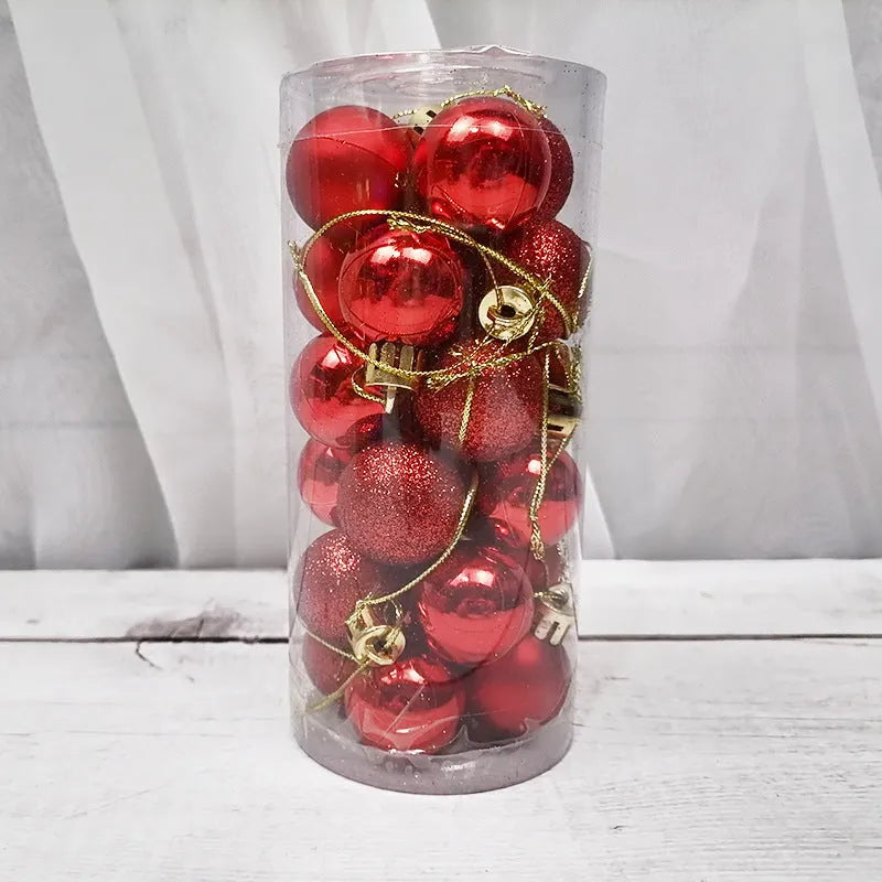 Assortment of shiny matte finish 3cm Christmas ball ornaments in gold, red, silver, and blue colours.