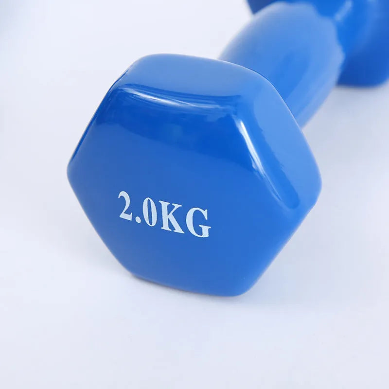 Bright colour plastic-coated fitness dumbbells in 0.5KG, 1KG and 1.5KG weights for floor-protected home workouts