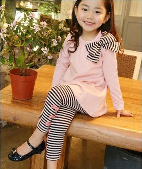 Pink cotton girls' clothing set showing coordinated pieces for sizes 110cm to 140cm