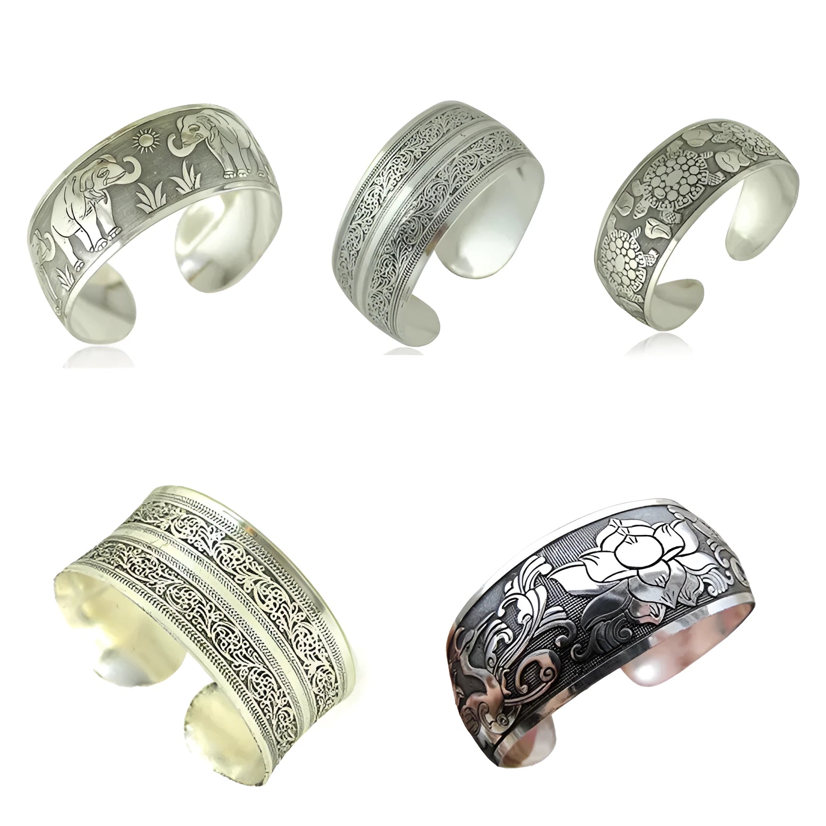 Silver Miao ethnic carved open bracelet with elephant motif on alloy metal