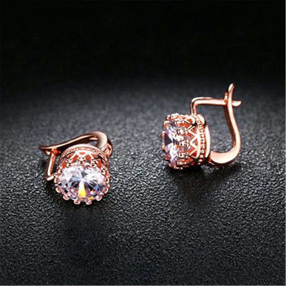 Korean retro style crown-shaped clip-on earrings with white diamonds, in rose gold and white gold colour options.