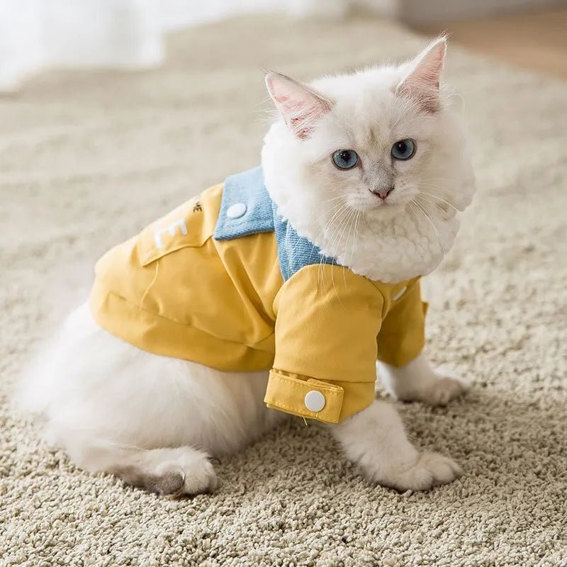 Yellow and light blue denim warm pet coat jacket with lamb velvet lining for dogs and cats