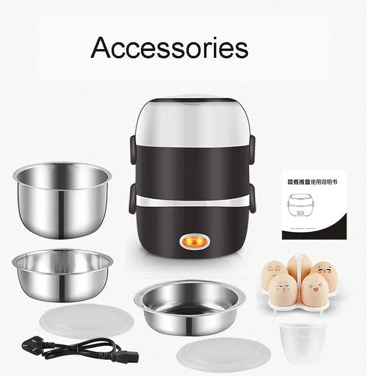 USB-powered electric lunch box showing two-layer and three-layer container options for food heating