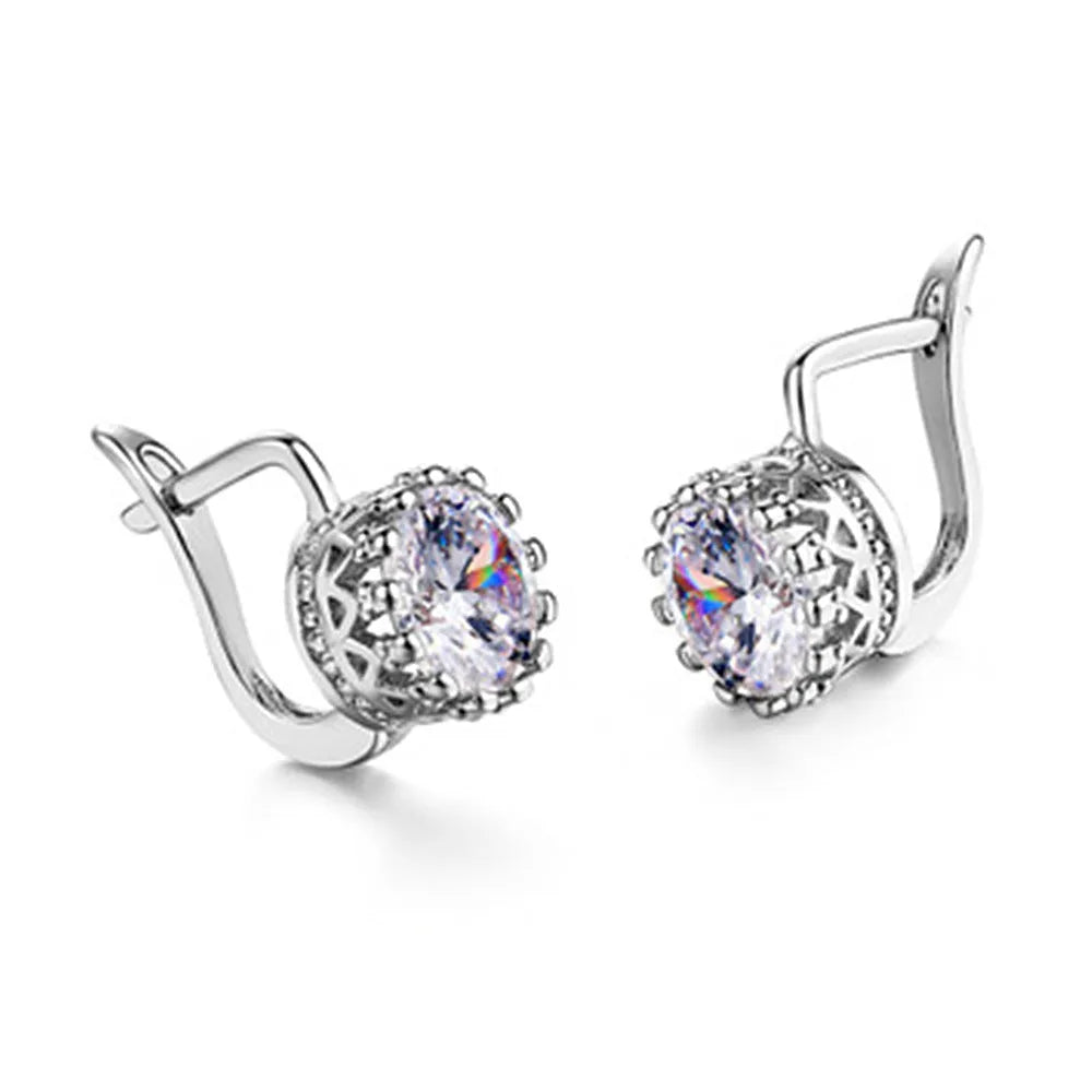 Korean retro style crown-shaped clip-on earrings with white diamonds, in rose gold and white gold colour options.