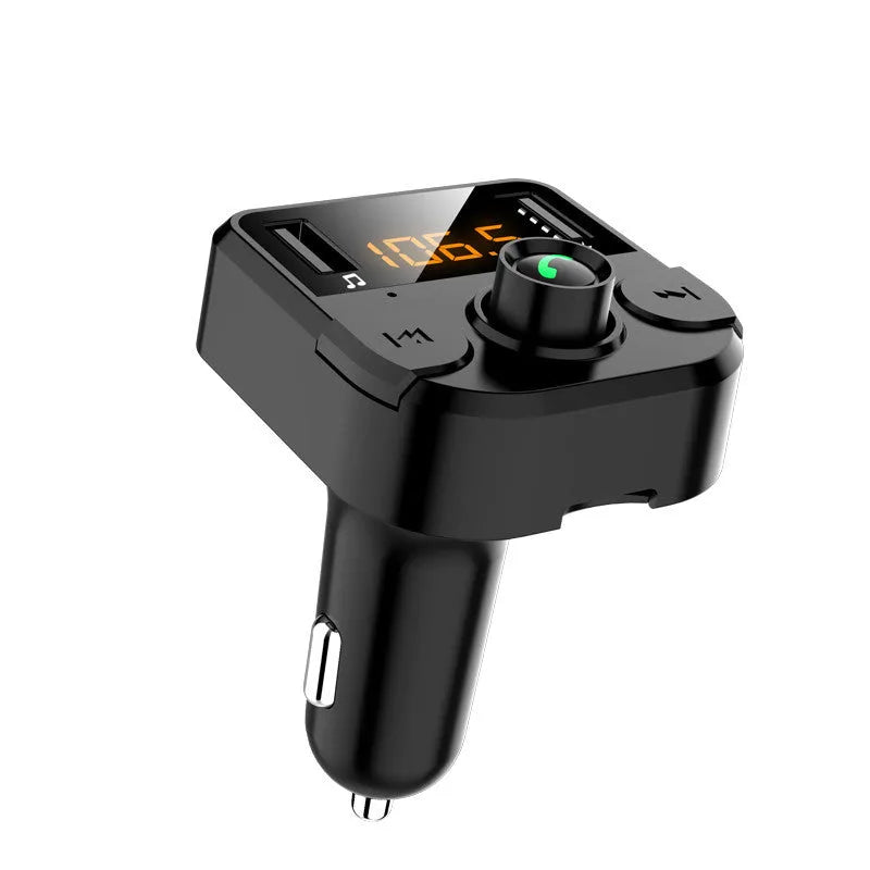 Black BT36B car Bluetooth MP3 player with 1.1-inch screen, plugged into a cigarette lighter.