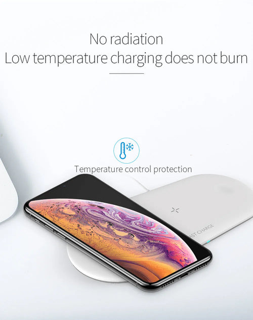 Black or white three-in-one wireless charging station for Apple phones, watches, and headphones