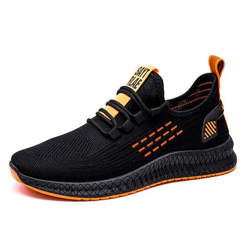 Men's black casual sports shoes with Flying Weave upper and flat low-heel profile.