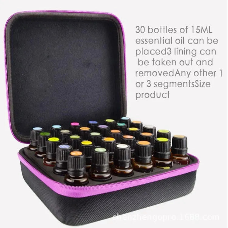 Red EVA essential oil storage bag with 30 compartments for 15ml bottles, shown with zipper closed
