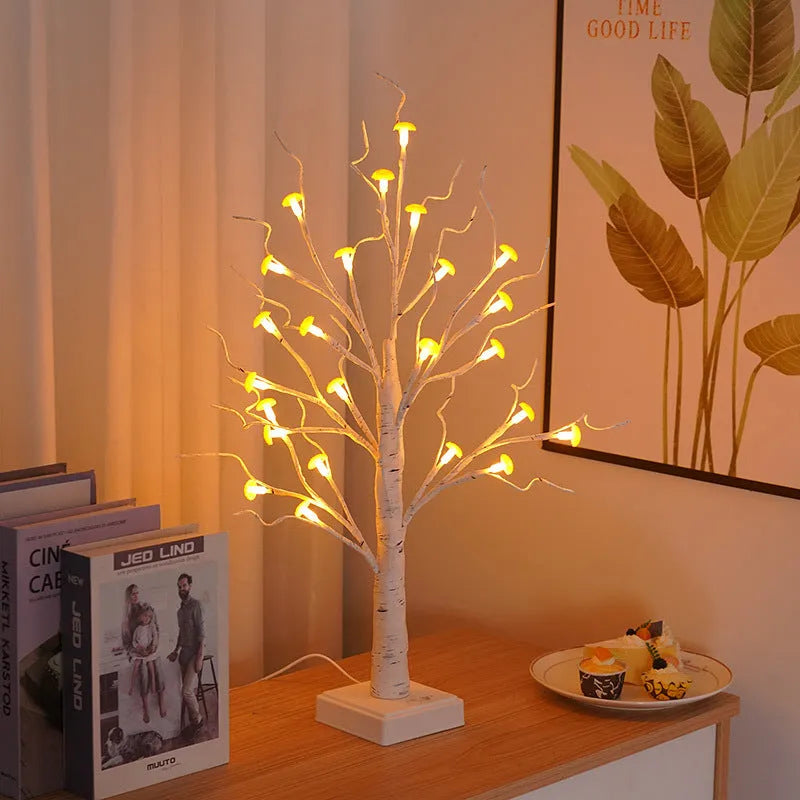 60cm tall birch tree LED lamp with 24 mushroom flowers, warm light, detachable base