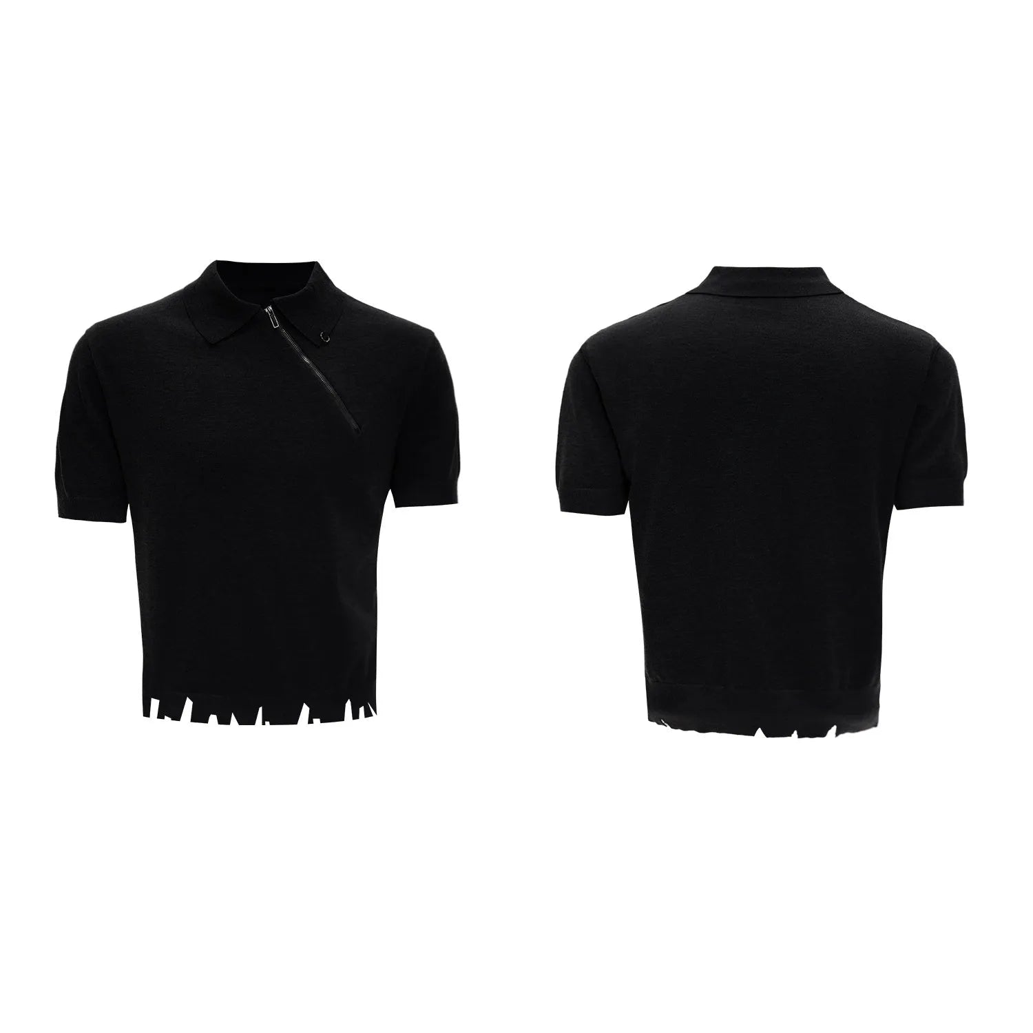 Men's slim-fit black knitted polo shirt with an oblique zipper on the lapel collar and short sleeves.