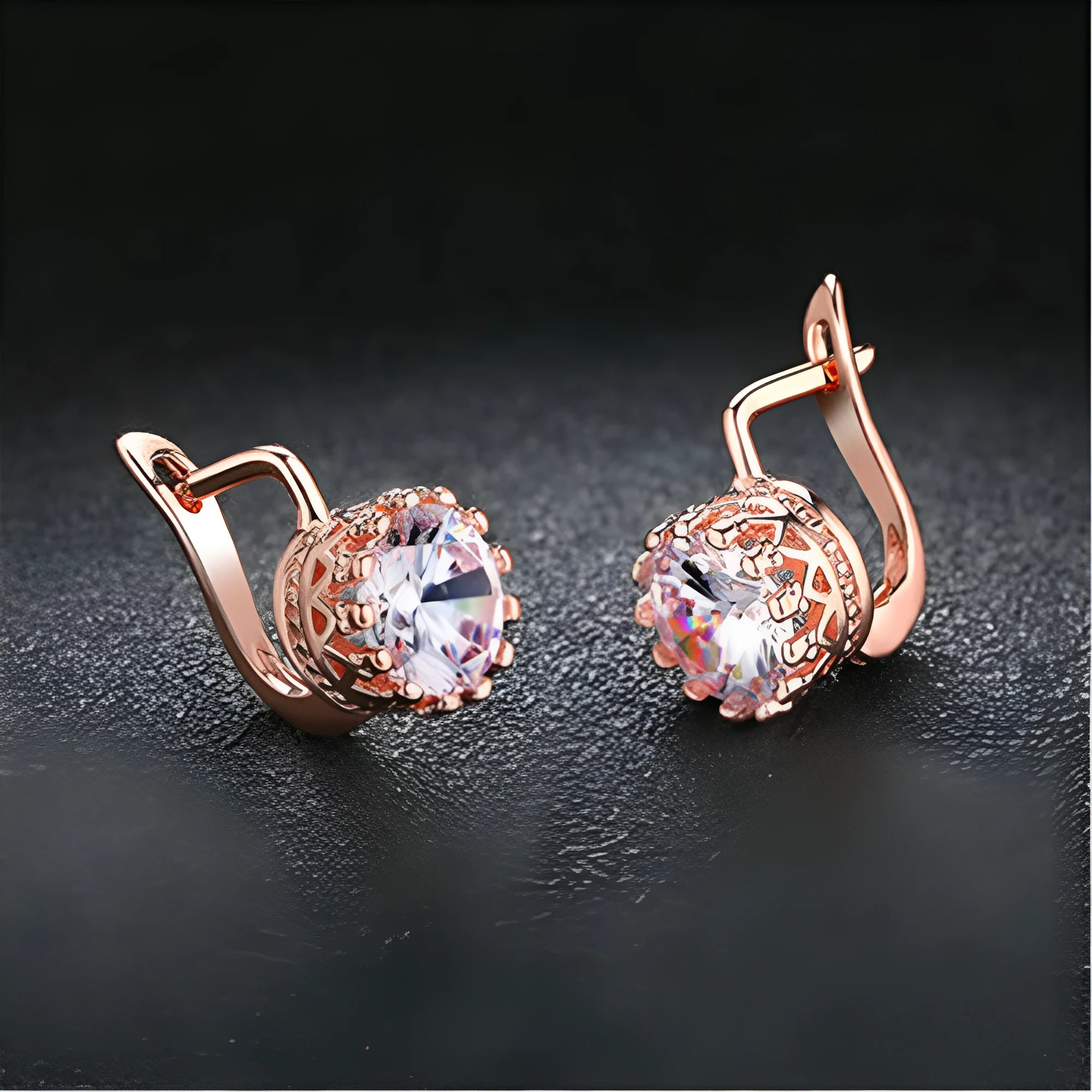 Korean retro style crown-shaped clip-on earrings with white diamonds, in rose gold and white gold colour options.