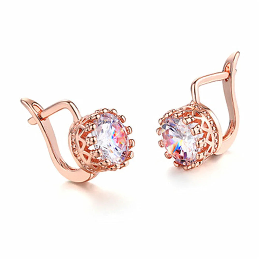 Korean retro style crown-shaped clip-on earrings with white diamonds, in rose gold and white gold colour options.