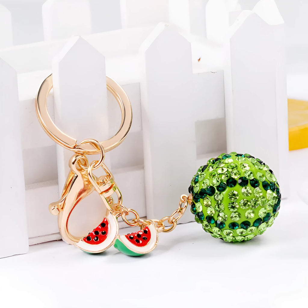 Green zinc alloy watermelon slice keychain on a metal ring