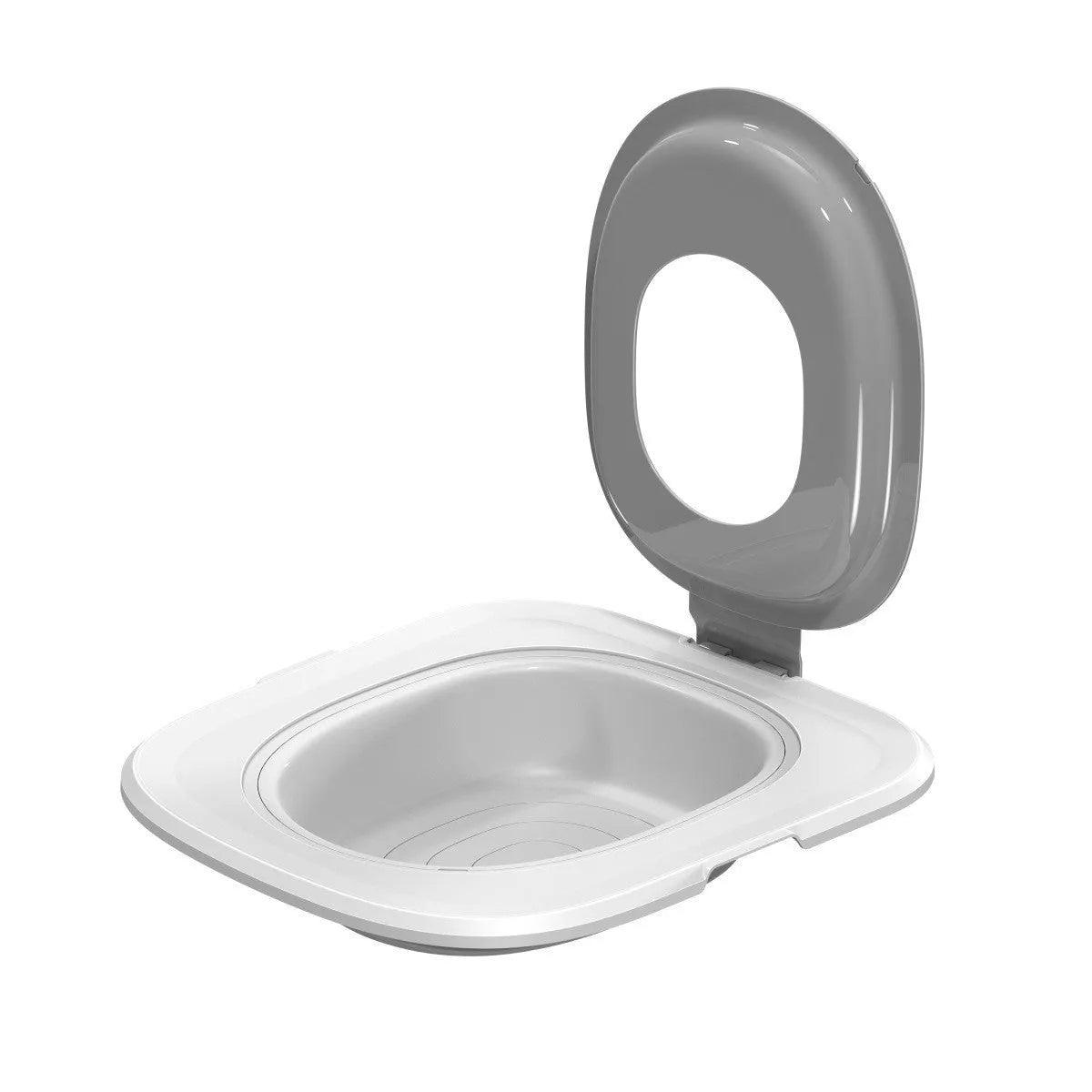 Fifth generation cat toilet trainer in blue ABS plastic with new shape design for litter training on a white background