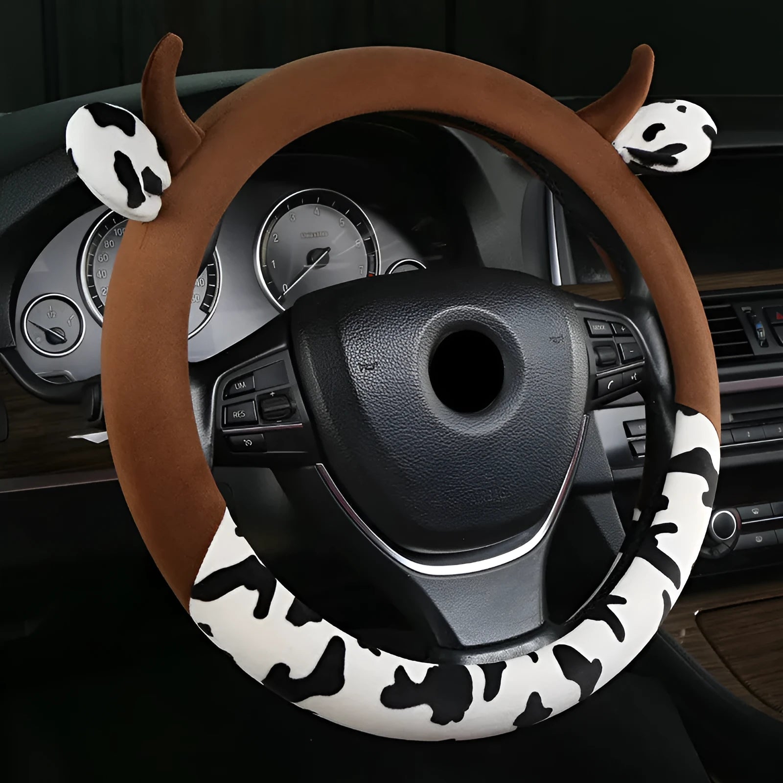 Black short plush car steering wheel cover shown on a vehicle steering wheel
