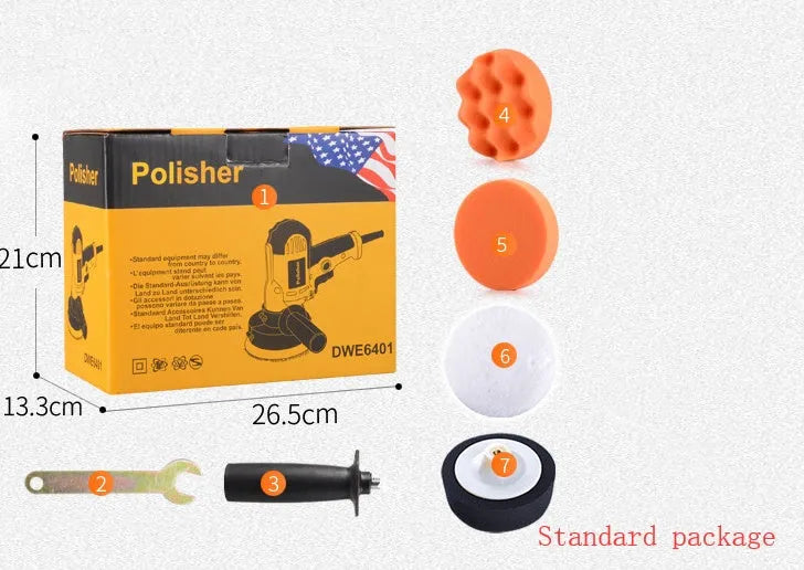 Yellow automobile polishing machine with 125mm disc for automotive metal, wood, tile and leather surfaces