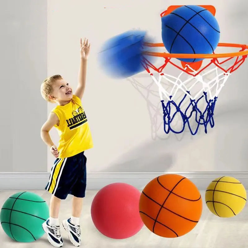 Assorted bright coloured silent high-density foam basketballs in different sizes with a basketball frame.