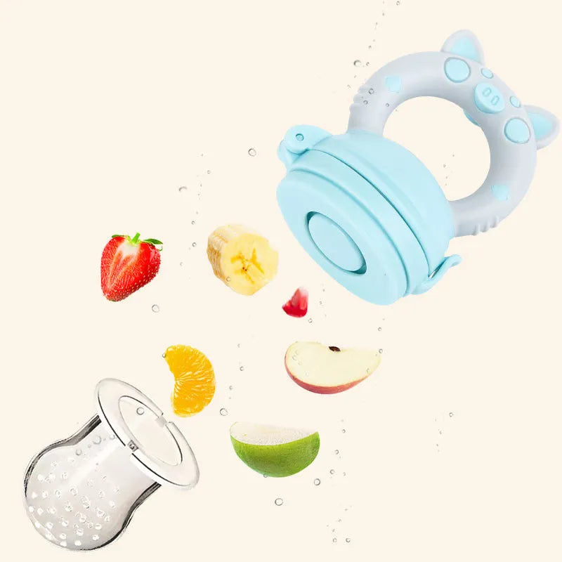 Soft silicone baby teether in blue, green, and pink colours with one or three mouthpiece options.