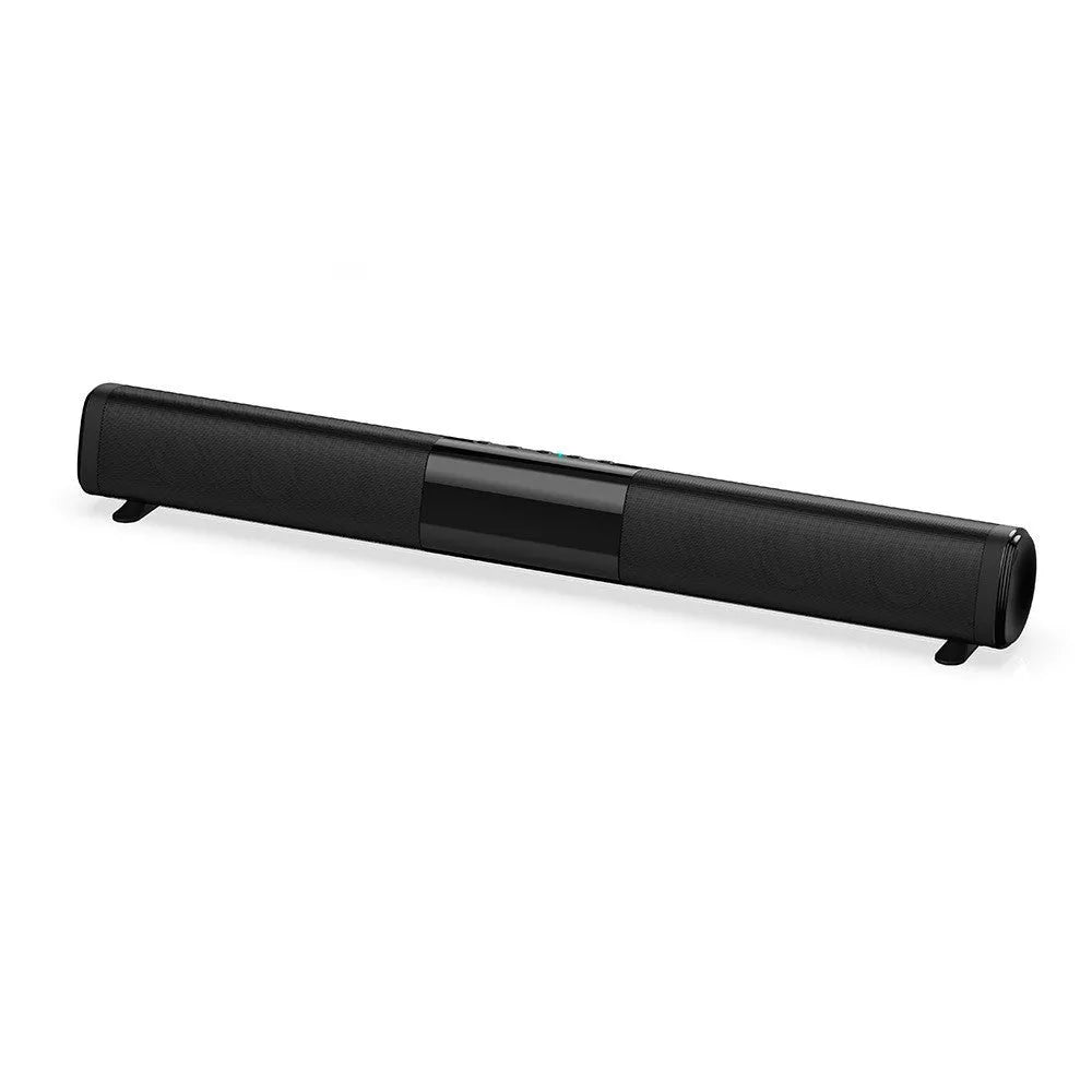 Tall black Bluetooth sound bar speaker with remote control on a wooden surface