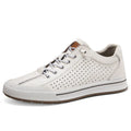 Men's white and black matte leather casual shoes with flat heels and round toes, showing hollow-out and fleece-lined style options.