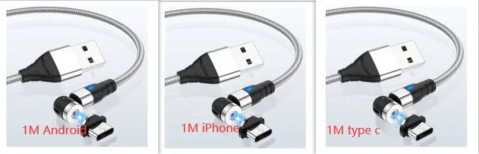 Magnetic charging cable with LED light indicator in various colours showing magnetic connection heads
