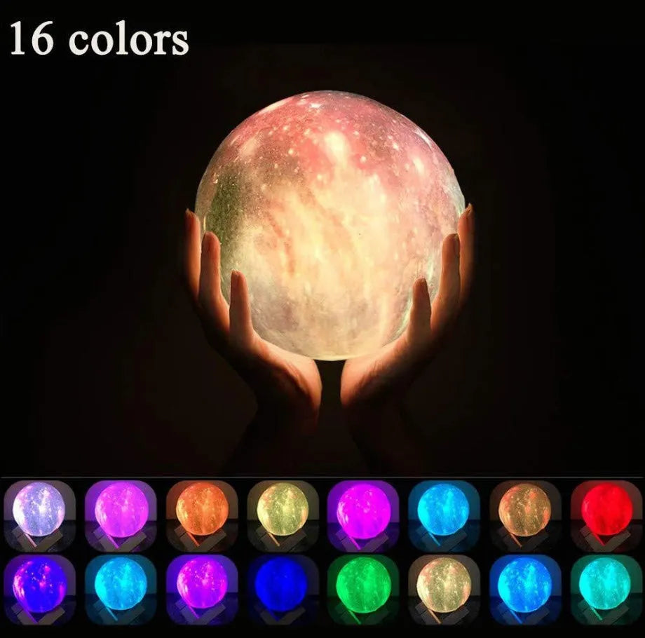 3D printed white lunar night light with colour-changing LED sphere on a stand, showing remote control.