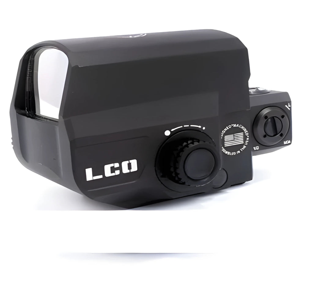 LCO tactical red dot holographic sight mounted on 20mm rail with crisp red dot reticle visible