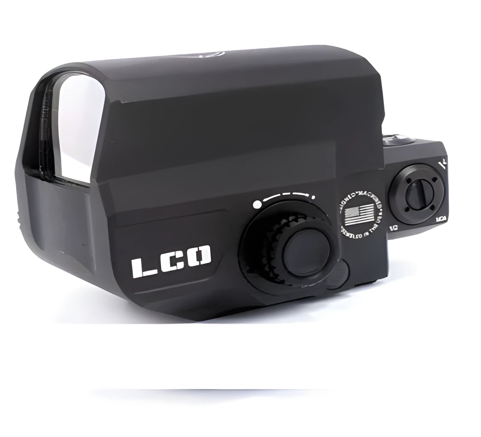 LCO tactical red dot holographic sight mounted on 20mm rail with crisp red dot reticle visible