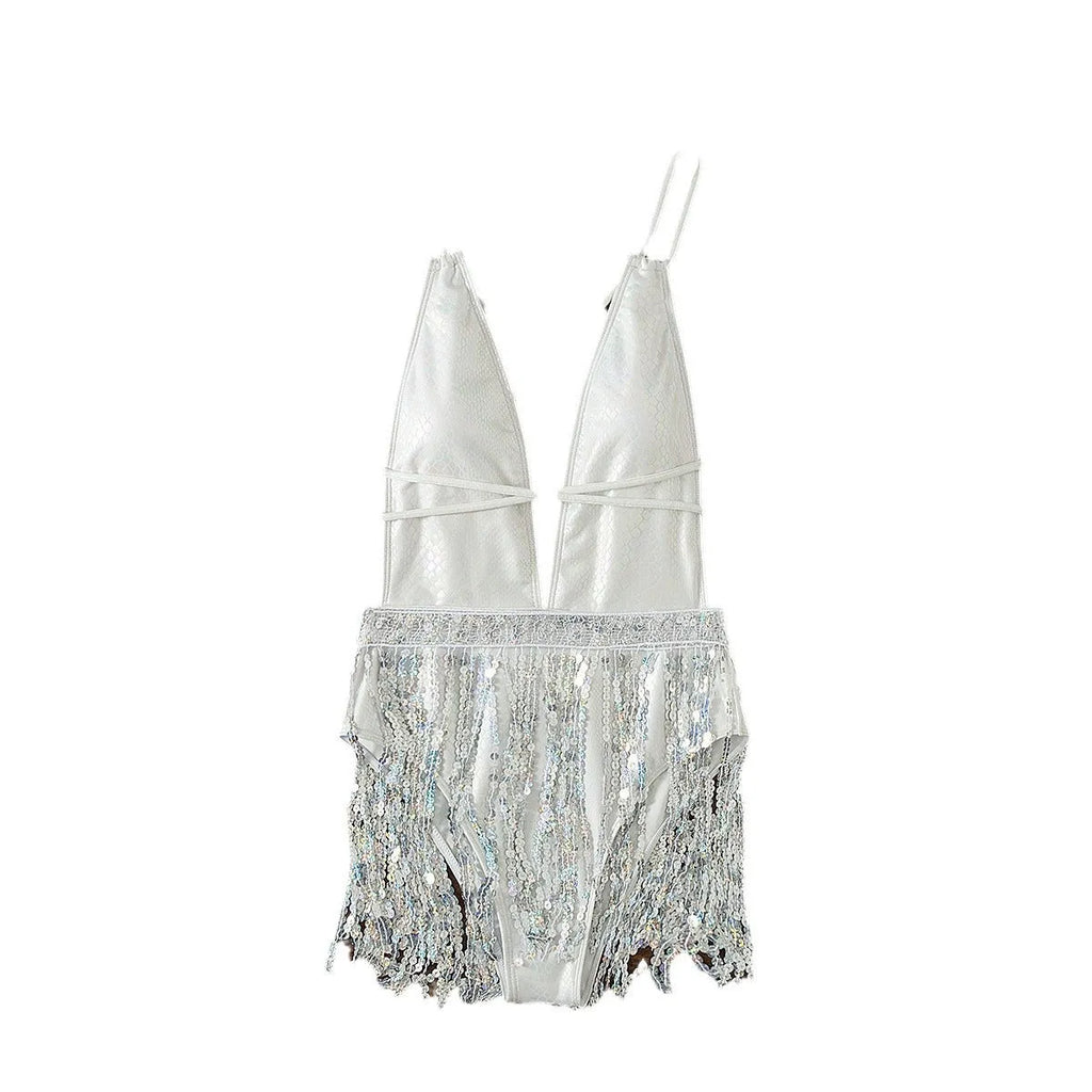 White deep V neck one-piece swimsuit with tassel detailing on woman
