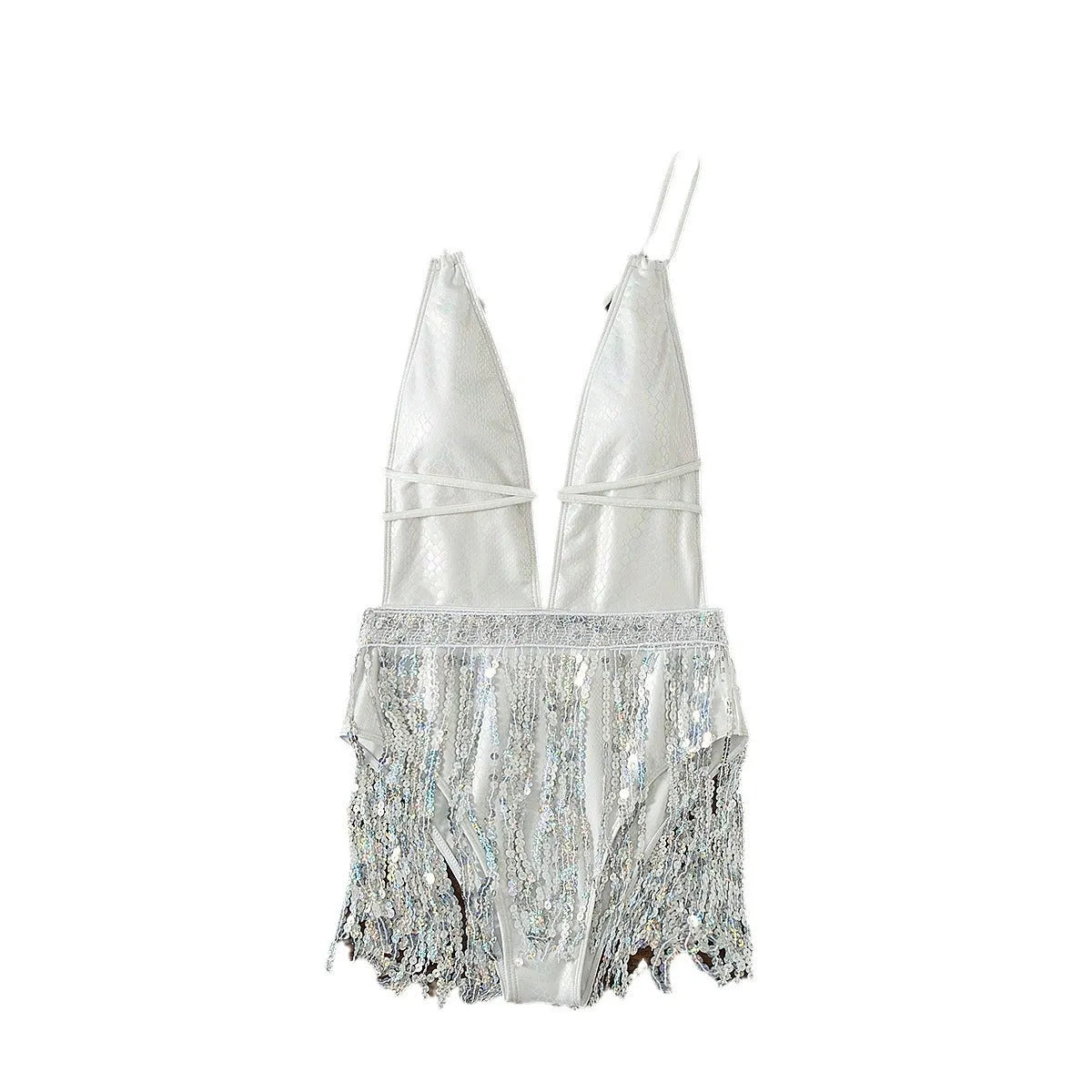 White deep V neck one-piece swimsuit with tassel detailing on woman