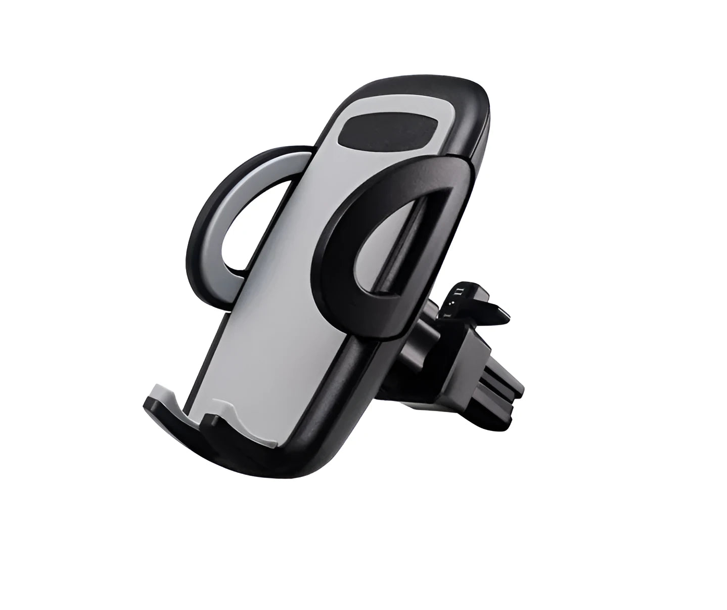 Black plastic mobile phone holder mounted on car air conditioning outlet with phone inserted