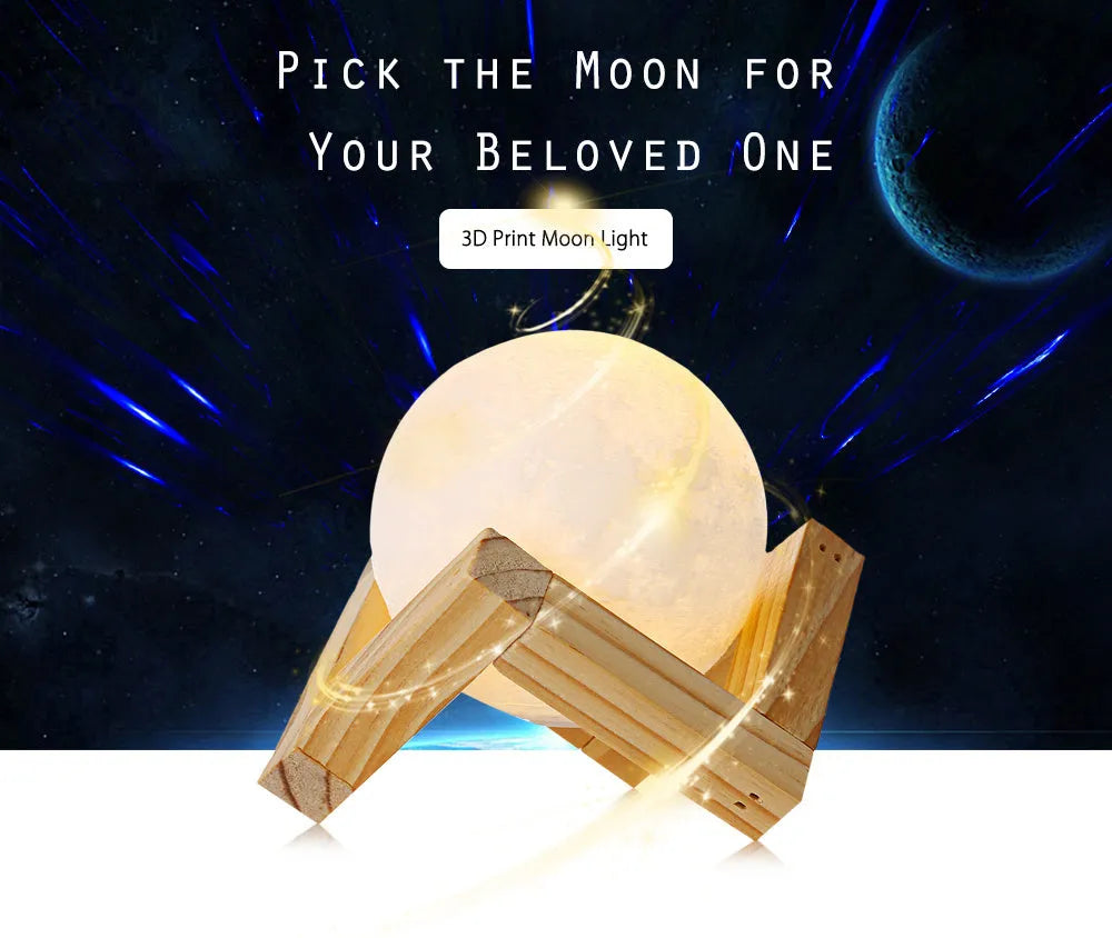3D printed spherical moon lamp on a wooden stand with touch ring control