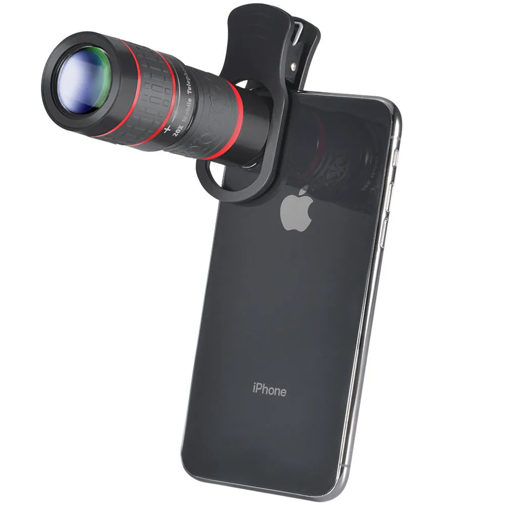 20x mobile phone telescope lens with universal mounting clip and single eye mask on a white background.