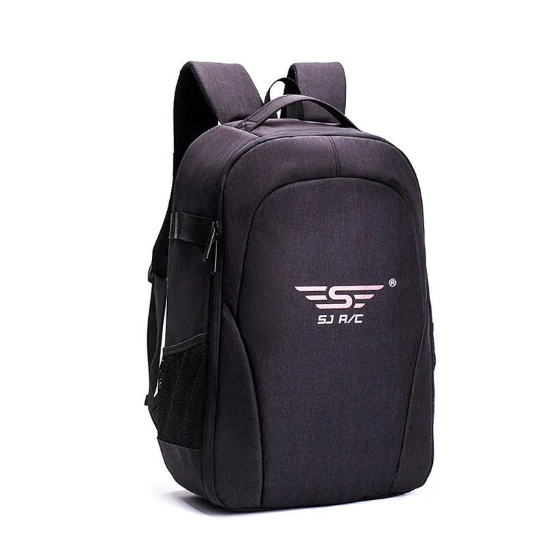 Black waterproof Oxford cloth drone backpack with 52cm dimensions and multiple zipper pockets for camera and laptop storage