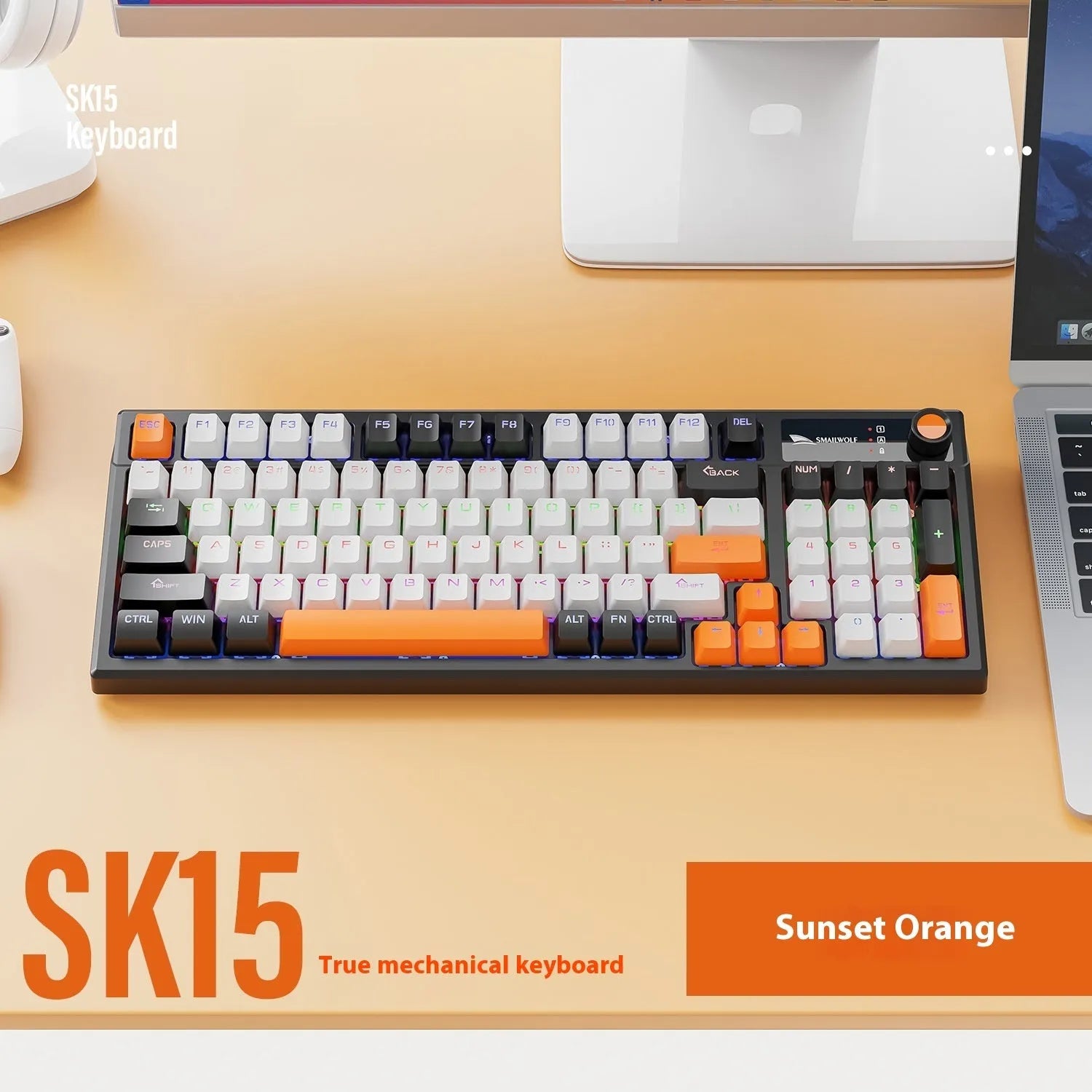 SK15 wired mechanical keyboard for laptops in autumn water blue, black or sunset orange colours