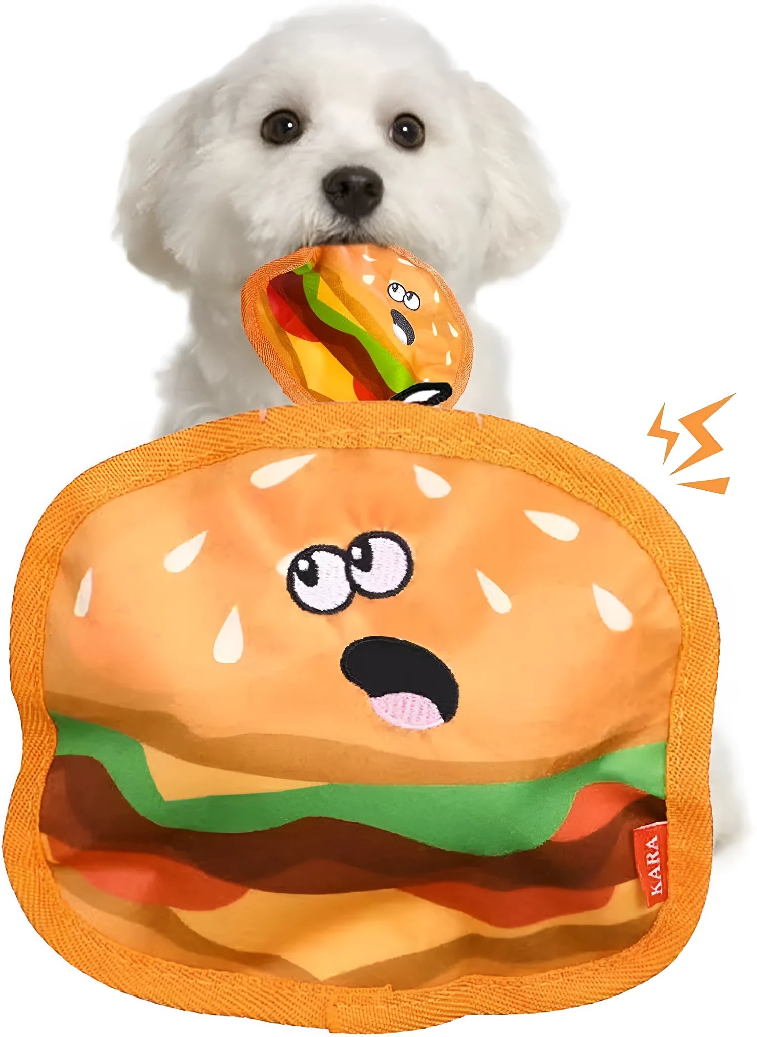 Hamburger-shaped dog chew toy in vivid colours showing crinkle and squeak features for interactive play.